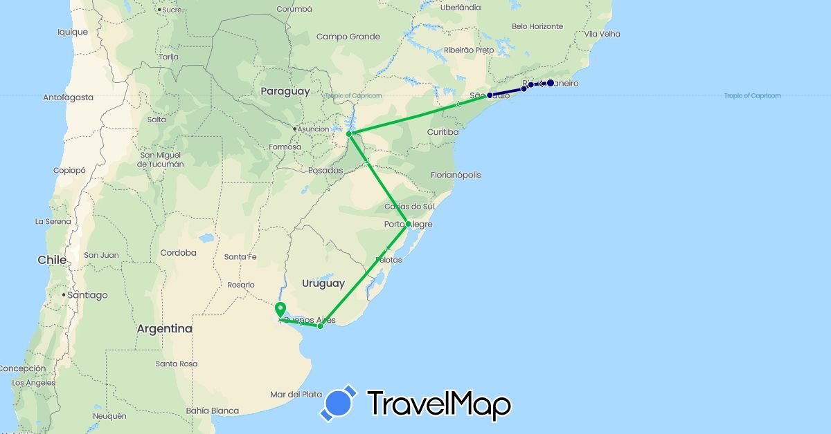 TravelMap itinerary: driving, bus in Argentina, Brazil, Uruguay (South America)